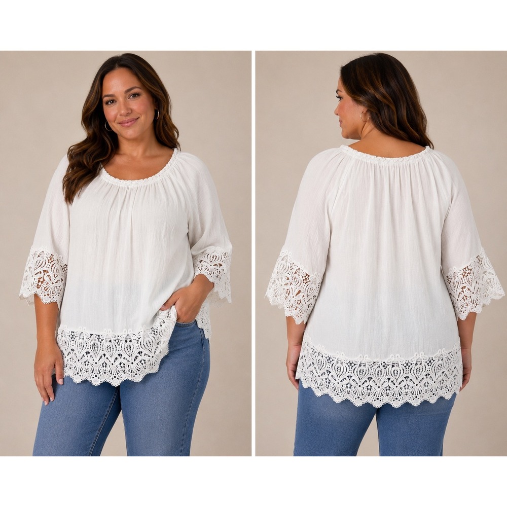 BYdesign Womens White Crochet Lace Trim Peasant Blouse 3/4 Sleeve Boho Size M